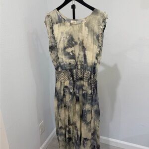 Sleeveless Maxi Dress in Blue and Cream with Smocked Waistband